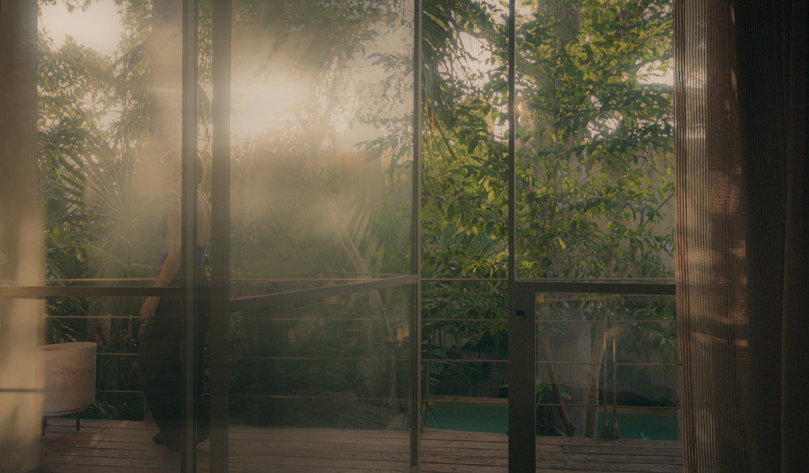 A bedroom at dawn, light raking across the garden glass